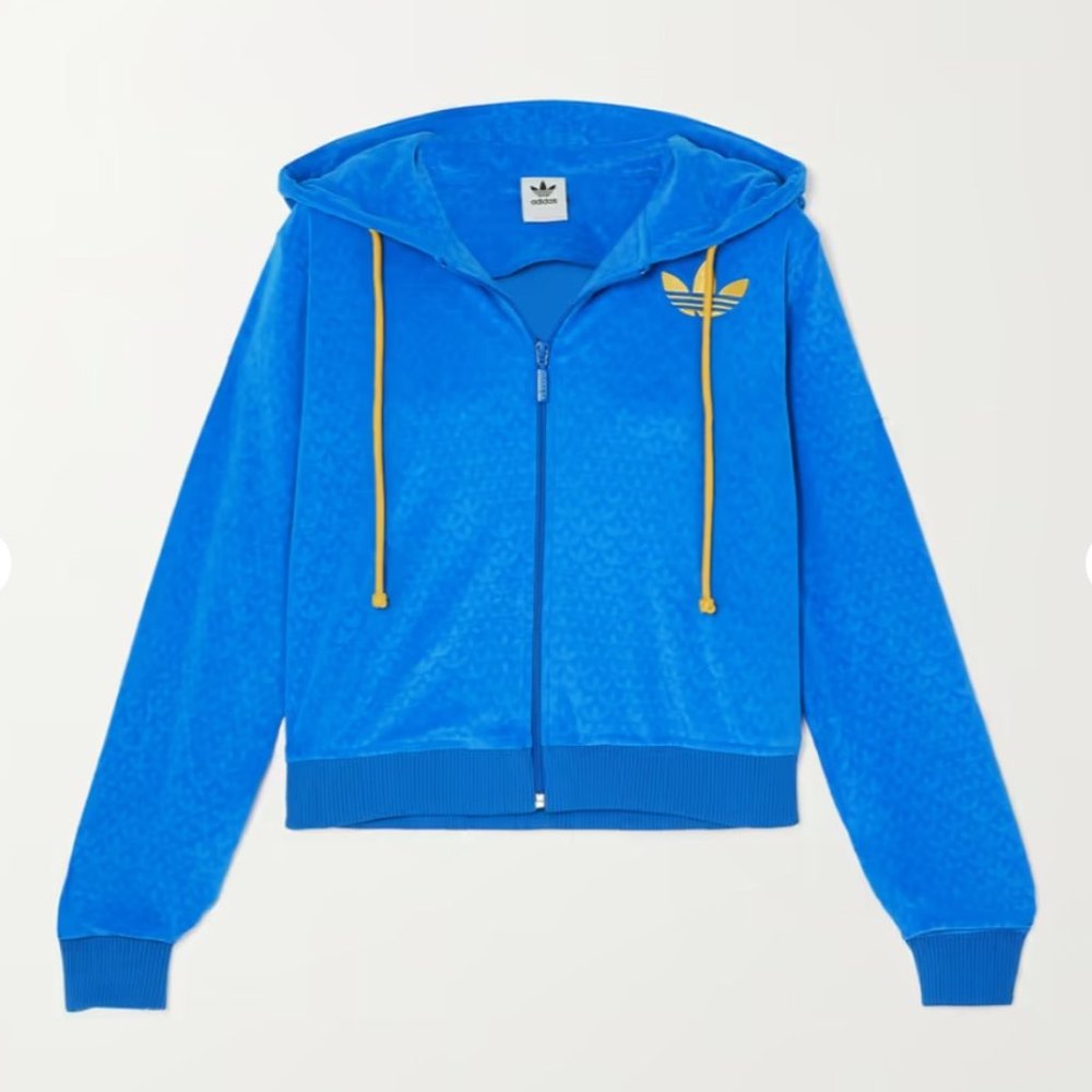 Adidas - Adicolor Heritage Now Blue Bird cropped  velour-jacquard hoodie XS